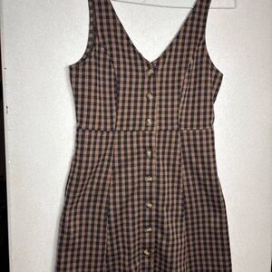 Y2K Brown Black Plaid Buttons Sleeveless Jumper Dress Sz S Academia SchoolGirl